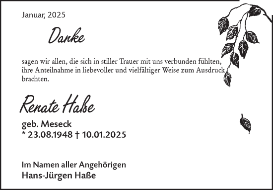 Traueranzeige von Renate Haße von Märkische Oderzeitung