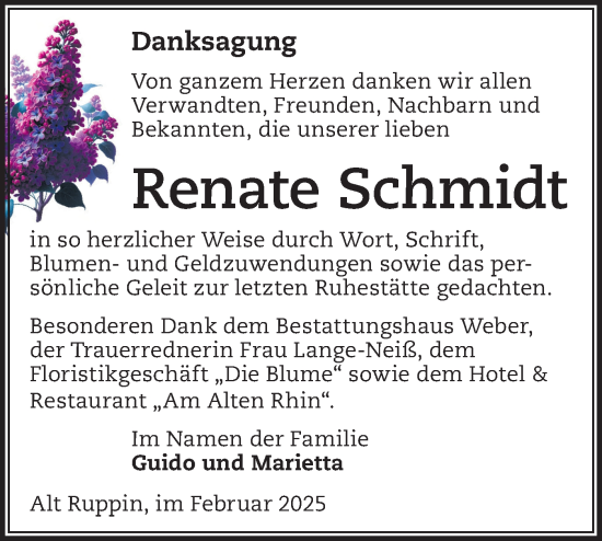 Traueranzeige von Renate Schmidt von Märkische Oderzeitung