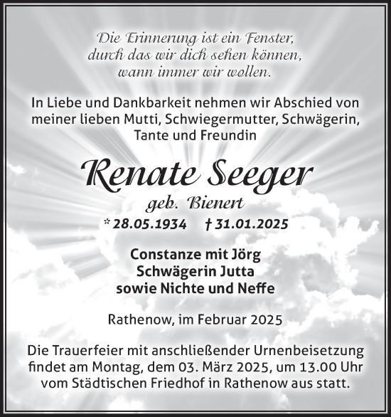 Traueranzeige von Renate Seeger von Märkische Oderzeitung