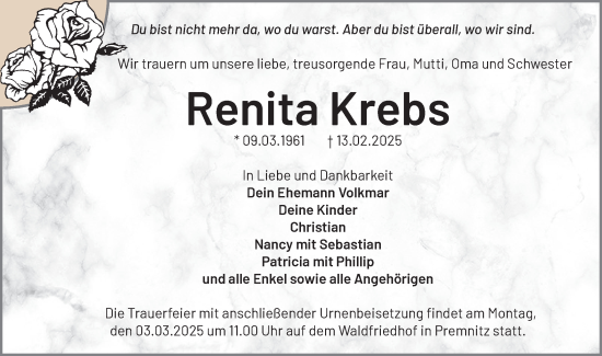 Traueranzeige von Renita Krebs von Märkische Oderzeitung