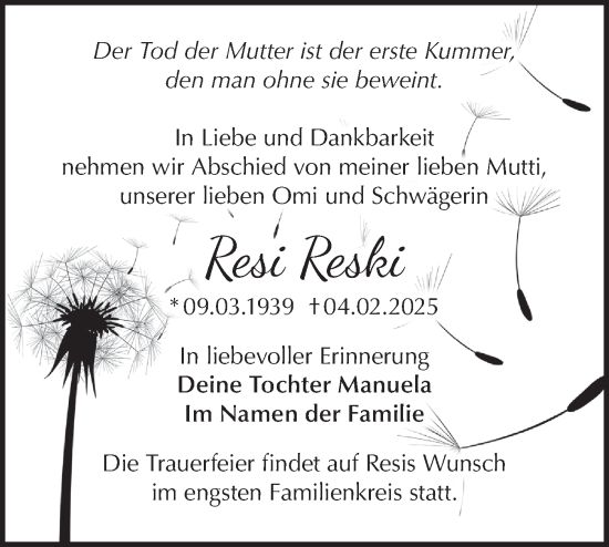 Traueranzeige von Resi Reski von Märkische Oderzeitung