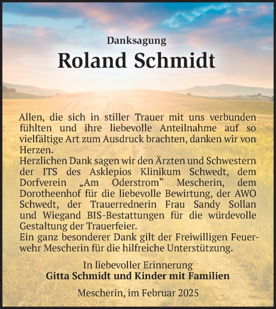 Traueranzeige von Roland Schmidt von Märkische Oderzeitung