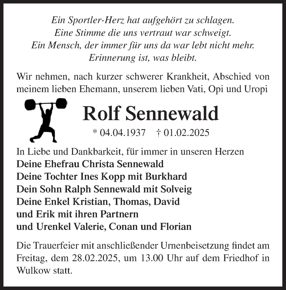  Traueranzeige für Rolf Sennewald vom 15.02.2025 aus Märkische Oderzeitung