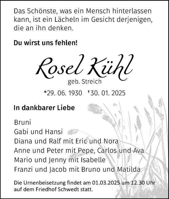 Traueranzeige von Rosel Kühl von Märkische Oderzeitung