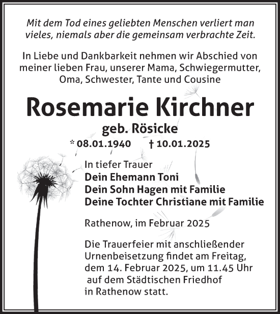 Traueranzeige von Rosemarie Kirchner von Märkische Oderzeitung