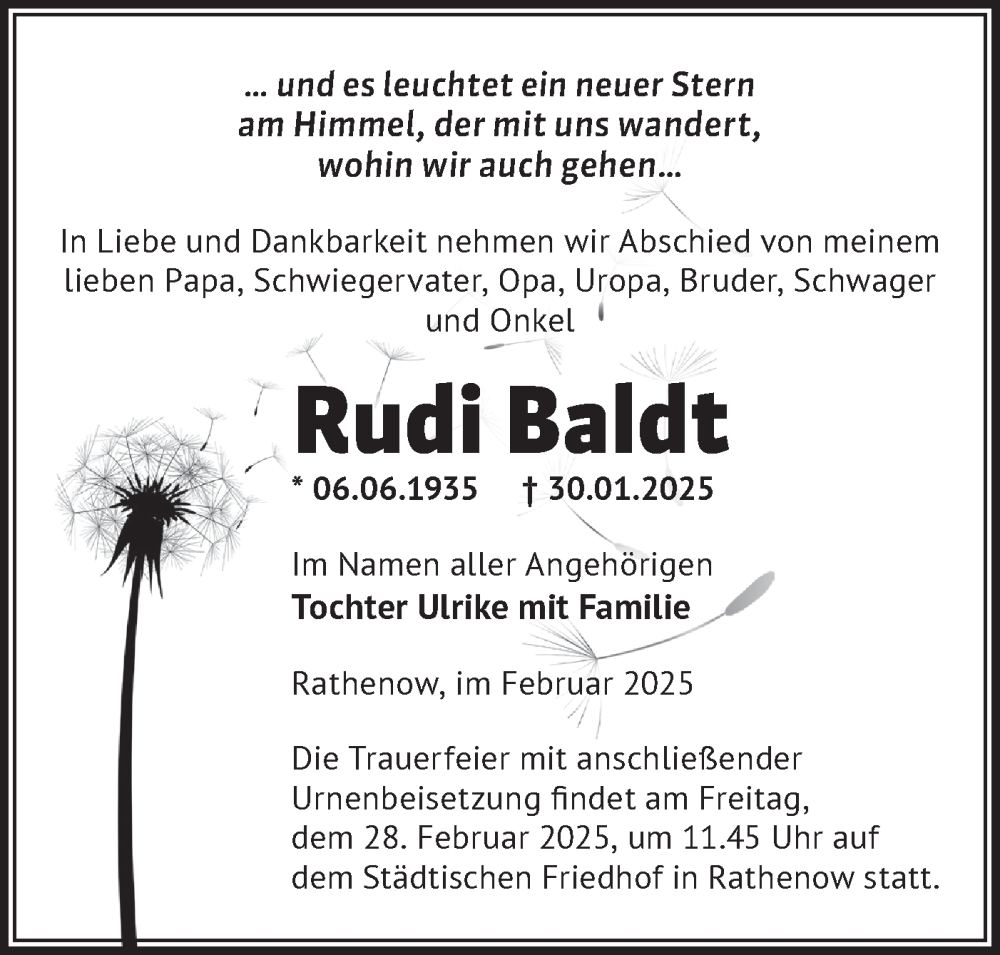  Traueranzeige für Rudi Baldt vom 15.02.2025 aus Märkische Oderzeitung