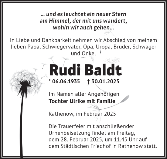 Traueranzeige von Rudi Baldt von Märkische Oderzeitung