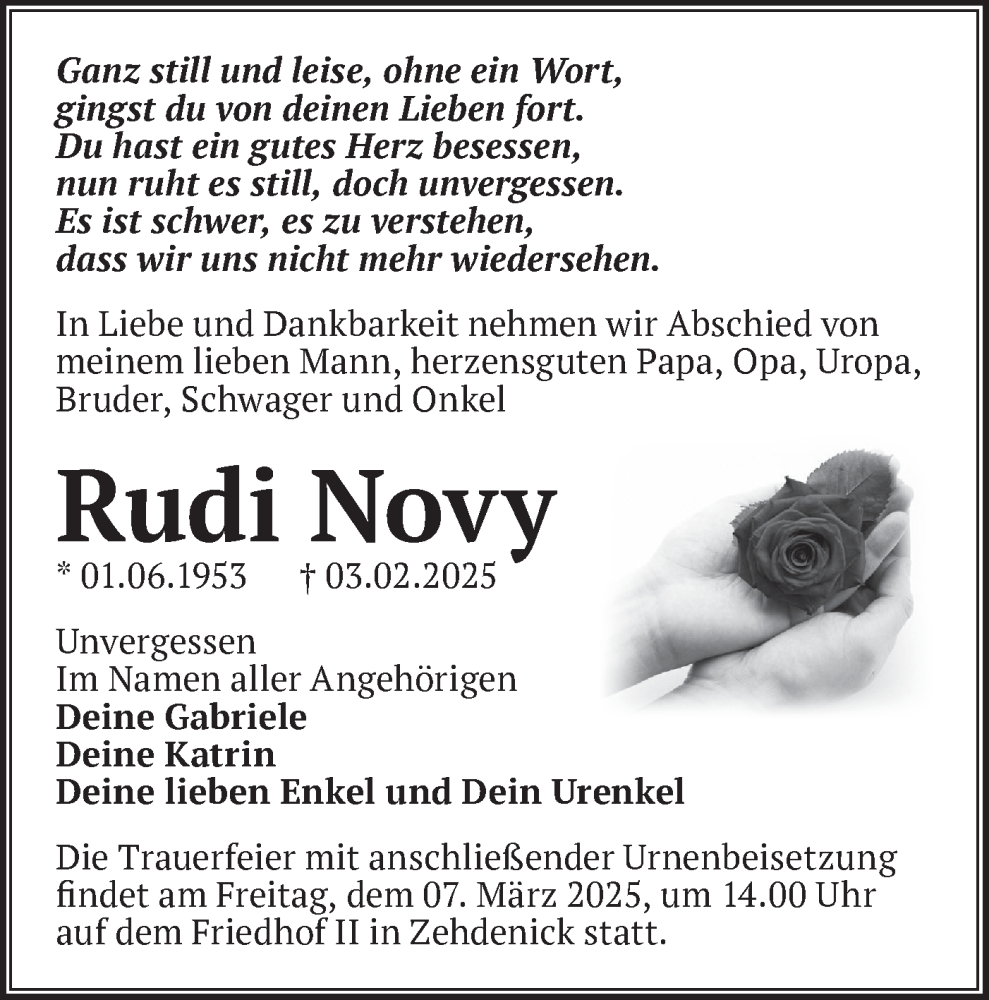  Traueranzeige für Rudi Novy vom 22.02.2025 aus Märkische Oderzeitung