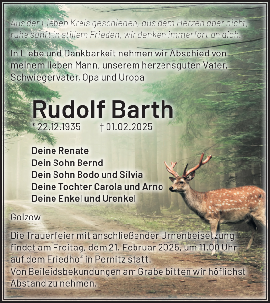 Traueranzeige von Rudolf Barth von Märkische Oderzeitung