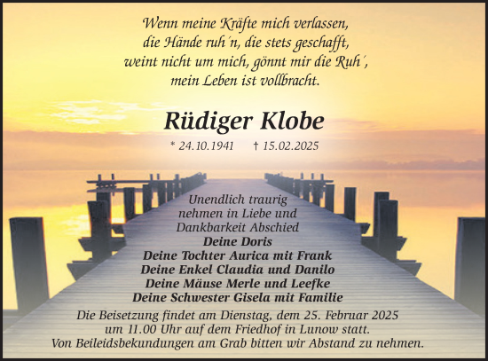 Traueranzeige von Rüdiger Klobe von Märkische Oderzeitung