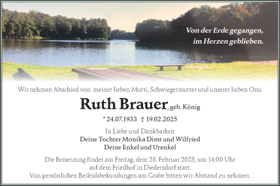 Traueranzeige von Ruth Brauer von Märkische Oderzeitung