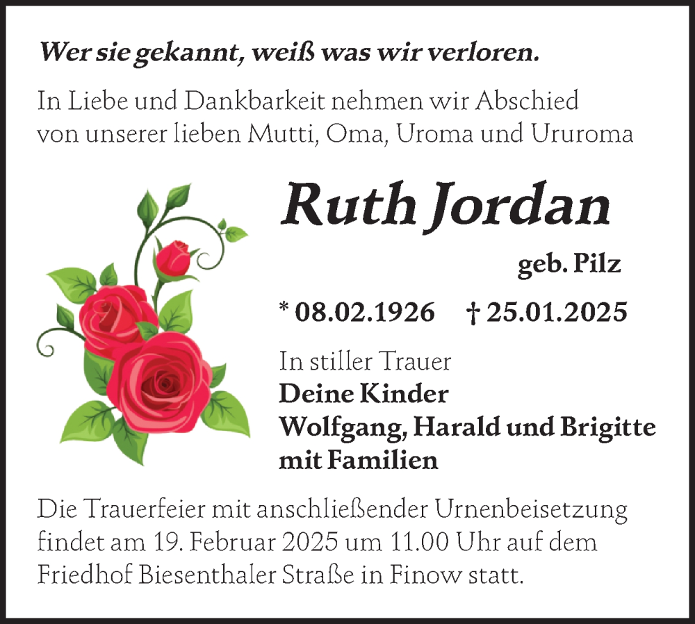  Traueranzeige für Ruth Jordan vom 08.02.2025 aus Märkische Oderzeitung
