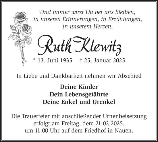 Traueranzeige von Ruth Klewitz von Märkische Oderzeitung
