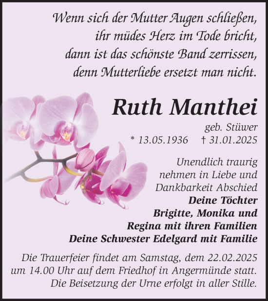 Traueranzeige von Ruth Manthei von Märkische Oderzeitung