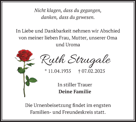 Traueranzeige von Ruth Strugale von Märkische Oderzeitung