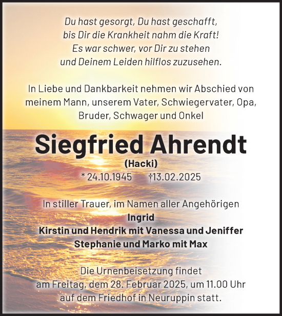Traueranzeige von Siegfried Ahrendt von Märkische Oderzeitung