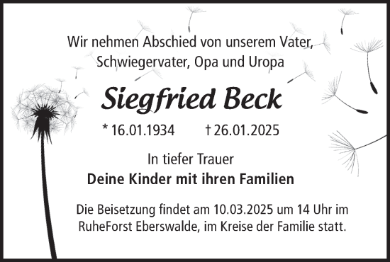 Traueranzeige von Siegfried Beck von Märkische Oderzeitung
