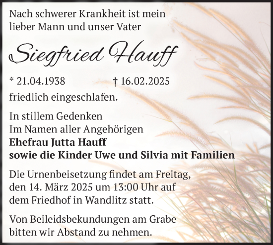 Traueranzeige von Siegfried Hauff von Märkische Oderzeitung