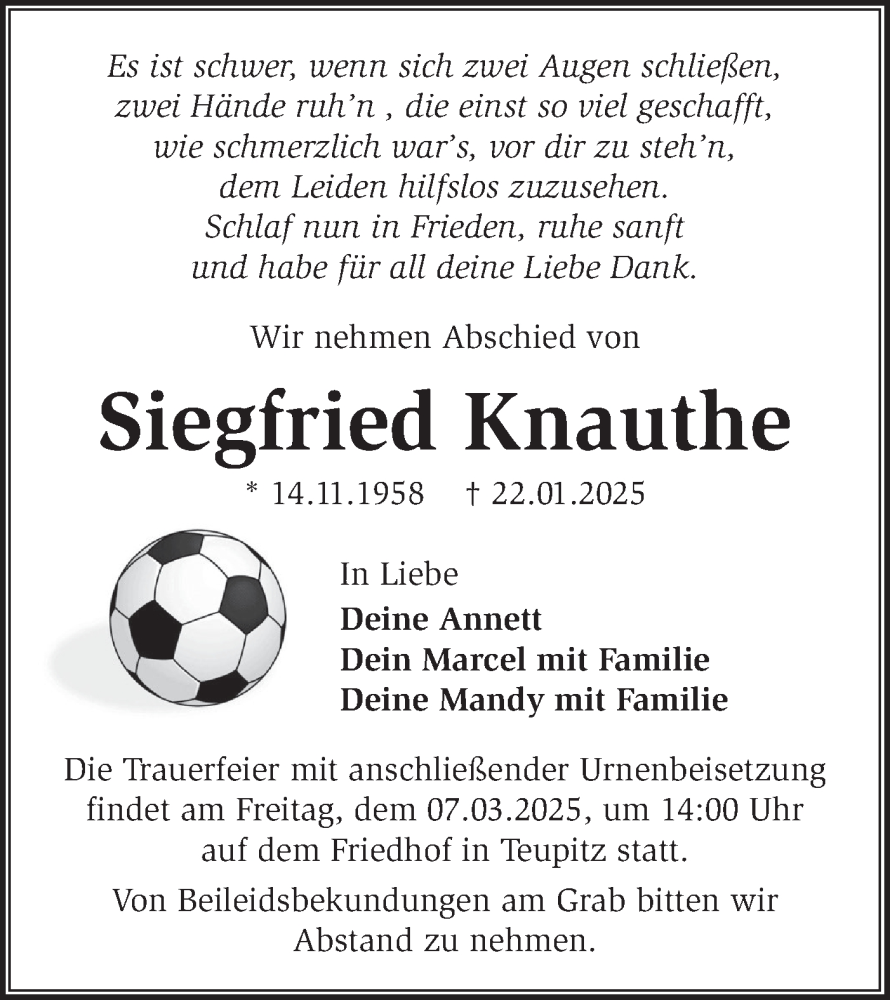  Traueranzeige für Siegfried Knauthe vom 22.02.2025 aus Märkische Oderzeitung