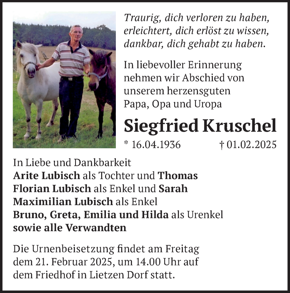  Traueranzeige für Siegfried Kruschel vom 15.02.2025 aus Märkische Oderzeitung