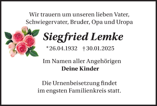Traueranzeige von Siegfried Lemke von Märkische Oderzeitung