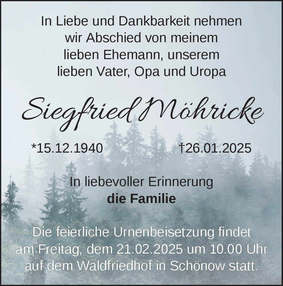  Traueranzeige für Siegfried Möhricke vom 15.02.2025 aus Märkische Oderzeitung