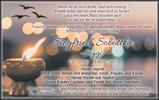 Traueranzeige von Siegfried Sobottka von Märkische Oderzeitung