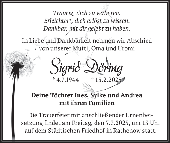 Traueranzeige von Sigrid Döring von Märkische Oderzeitung