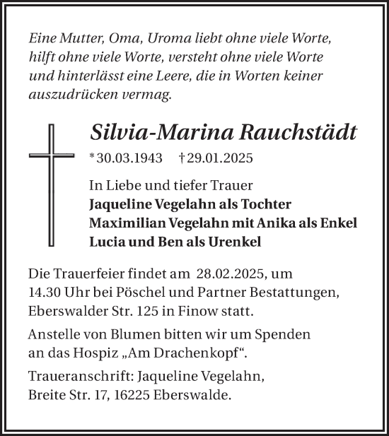 Traueranzeige von Silvia-Marina Rauchstädt von Märkische Oderzeitung