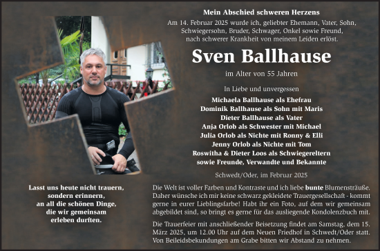 Traueranzeige von Sven Ballhause von Märkische Oderzeitung