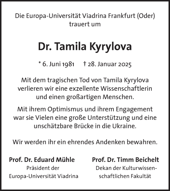Traueranzeige von Tamila Kyrylova von Märkische Oderzeitung