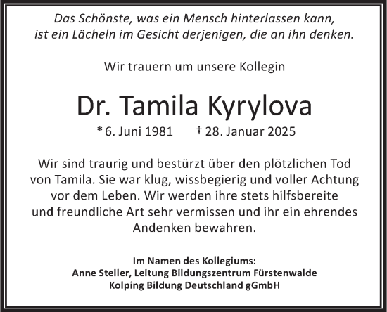 Traueranzeige von Tamila Kyrylova von Märkische Oderzeitung