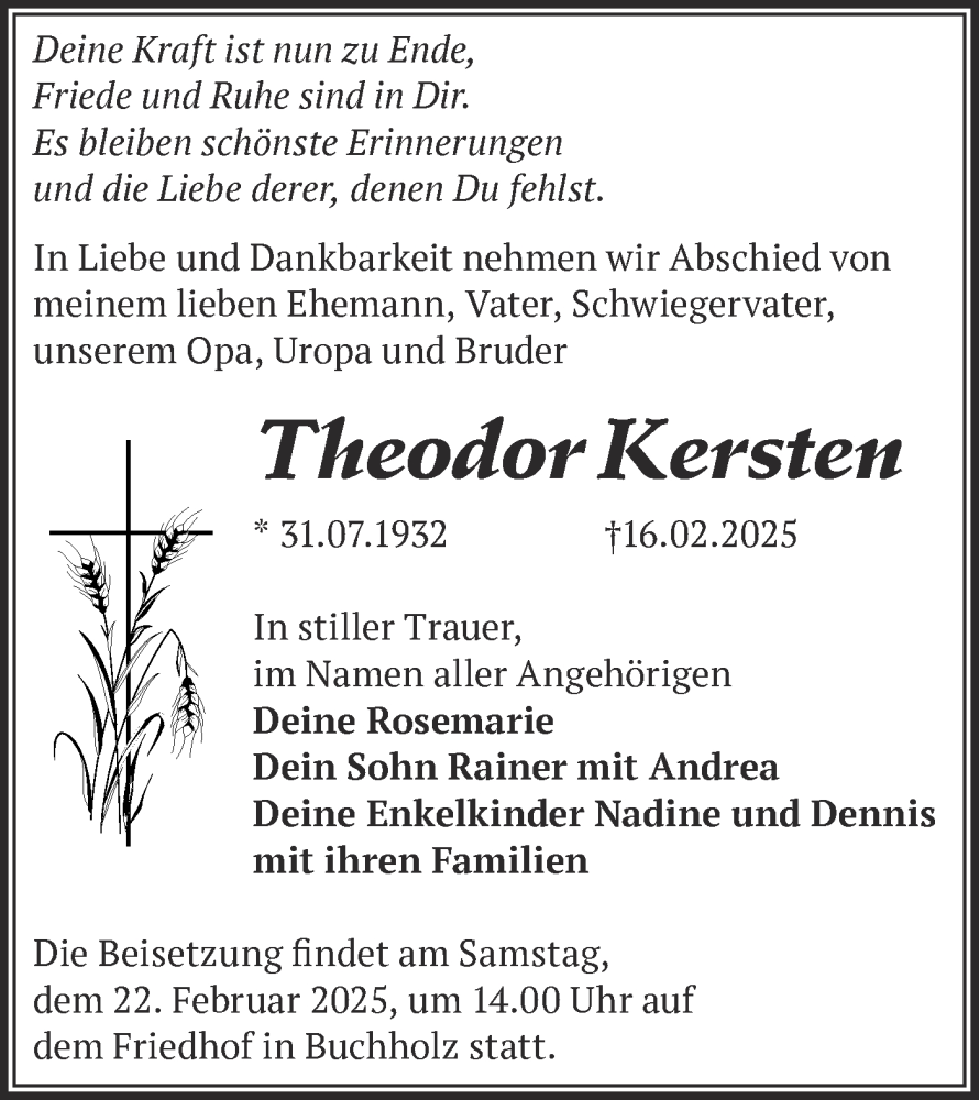  Traueranzeige für Theodor Kersten vom 20.02.2025 aus Märkische Oderzeitung