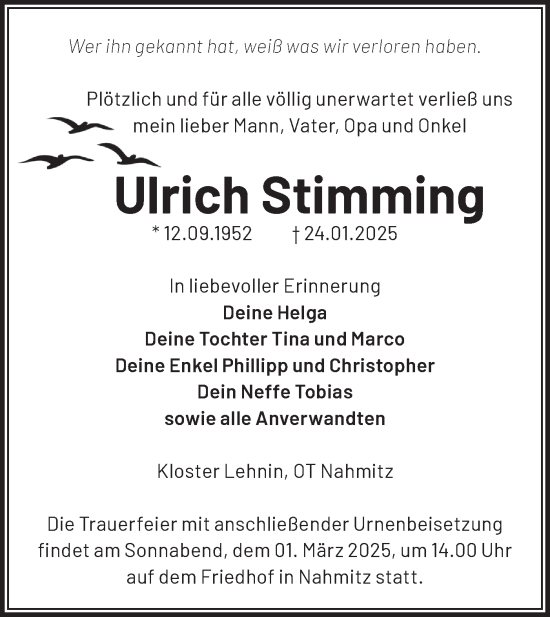 Traueranzeige von Ulrich Stimming von Märkische Oderzeitung