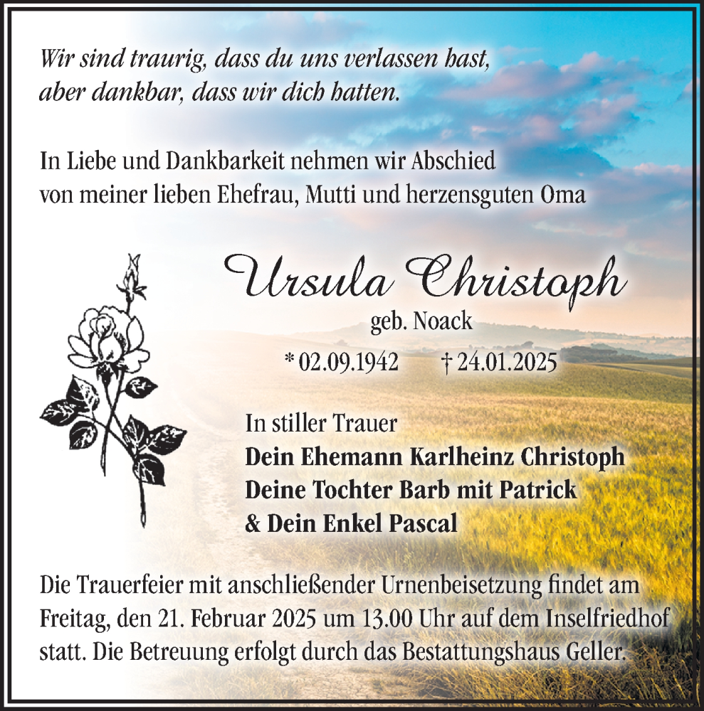  Traueranzeige für Ursula Christoph vom 08.02.2025 aus Märkische Oderzeitung