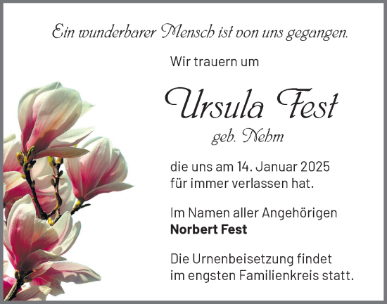 Traueranzeige von Ursula Fest von Märkische Oderzeitung
