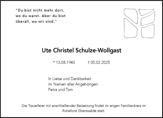 Traueranzeige von Ute Christel Schulze-Wollgast von Märkische Oderzeitung