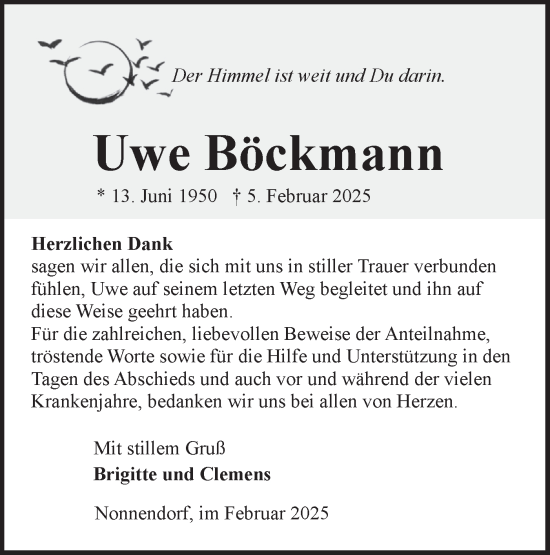 Traueranzeige von Uwe Böckmann von Märkische Oderzeitung