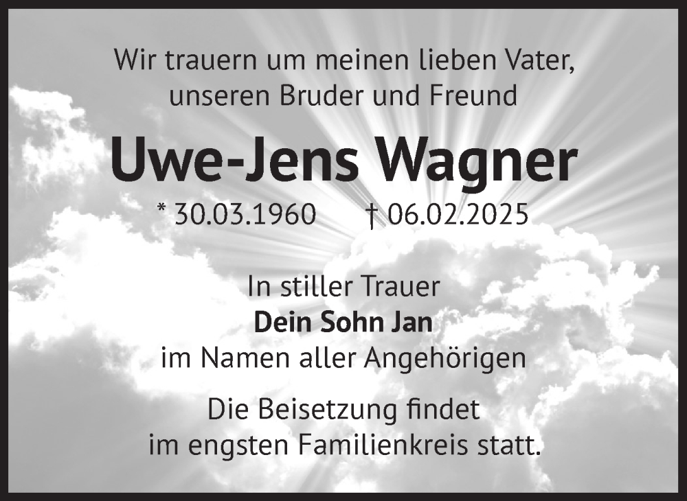  Traueranzeige für Uwe-Jens Wagner vom 22.02.2025 aus Märkische Oderzeitung