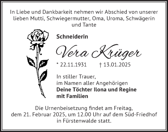 Traueranzeige von Vera Krüger von Märkische Oderzeitung