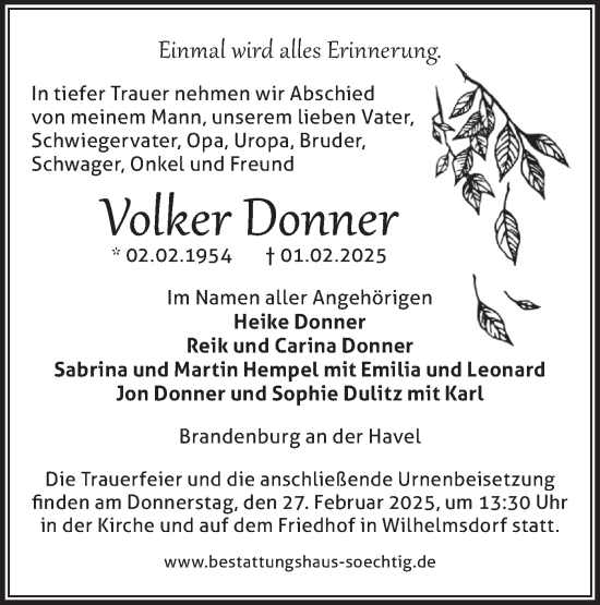 Traueranzeige von Volker Donner von Märkische Oderzeitung