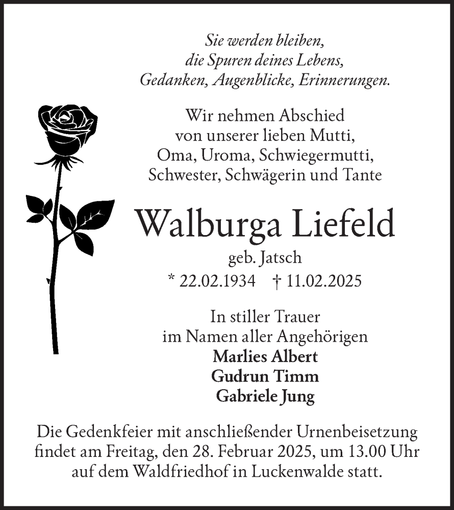  Traueranzeige für Walburga Liefeld vom 22.02.2025 aus Märkische Oderzeitung