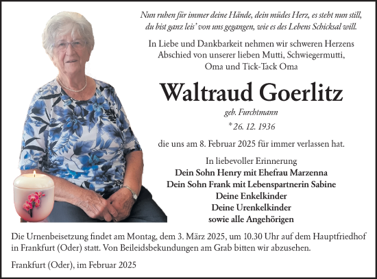 Traueranzeige von Waltraud Goerlitz von Märkische Oderzeitung