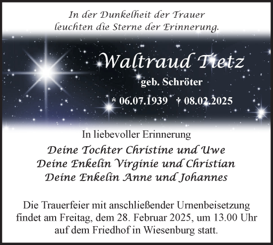 Traueranzeige von Waltraud Matz von Märkische Oderzeitung