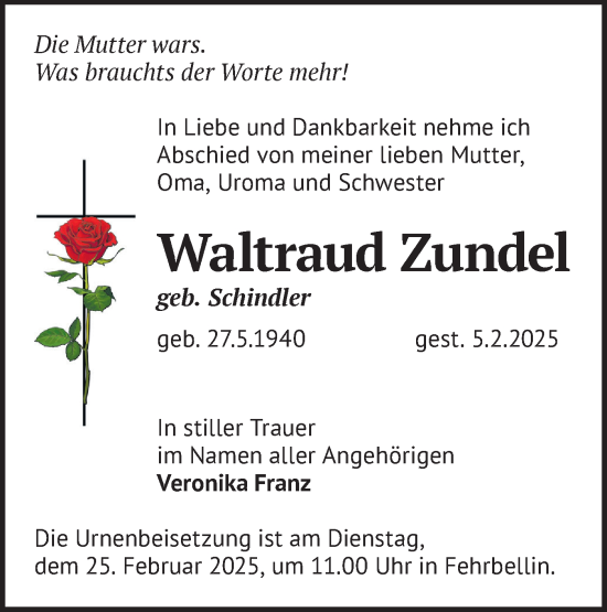 Traueranzeige von Waltraud Zundel von Märkische Oderzeitung