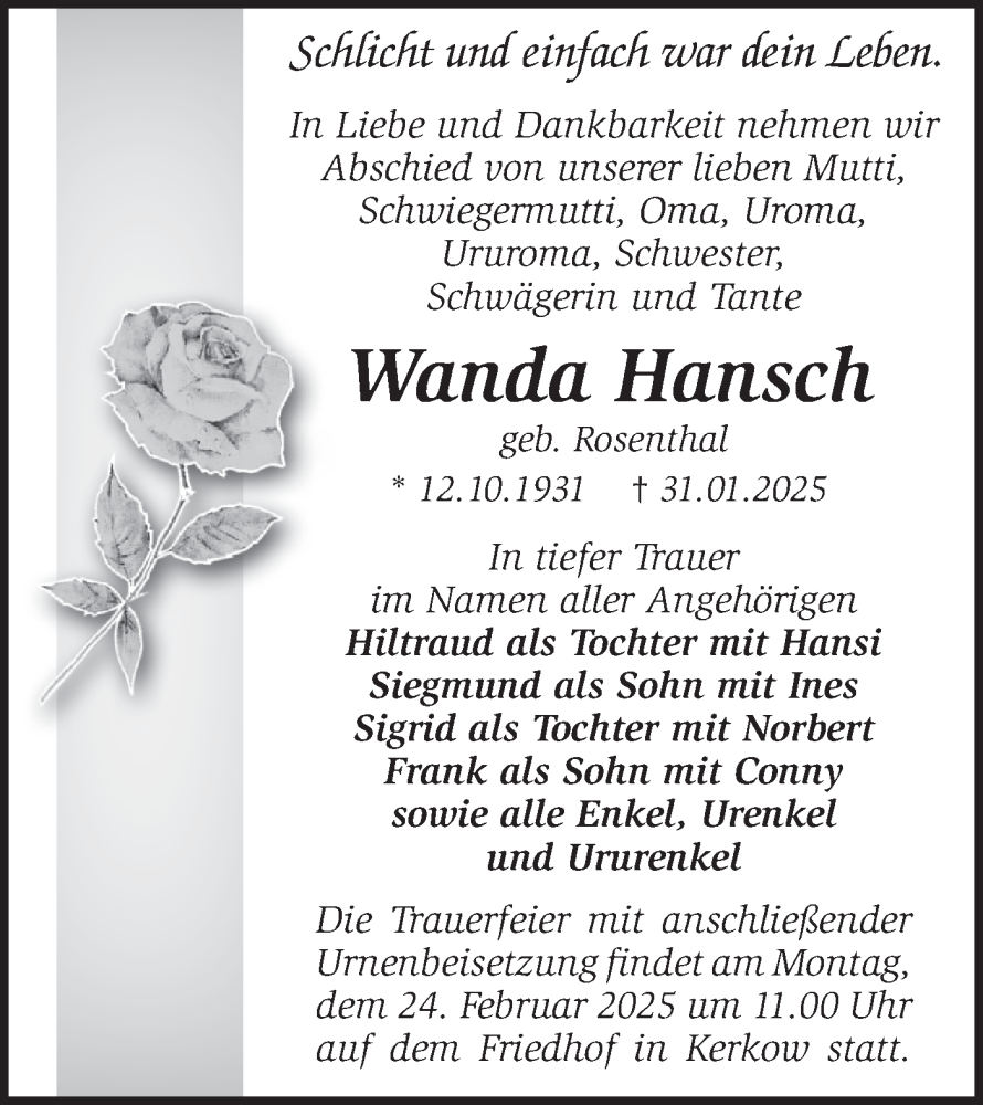  Traueranzeige für Wanda Hansch vom 22.02.2025 aus Märkische Oderzeitung