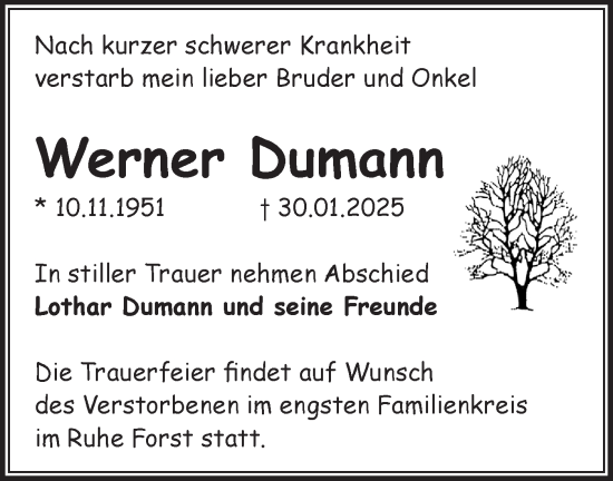 Traueranzeige von Werner Dumann von Märkische Oderzeitung