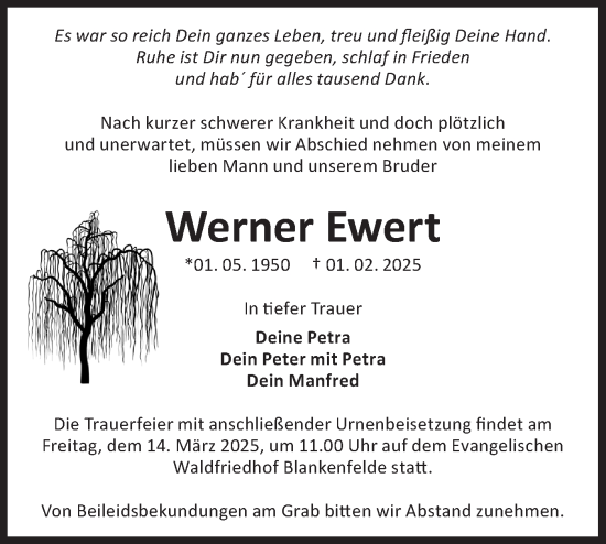 Traueranzeige von Werner Ewert von Märkische Oderzeitung