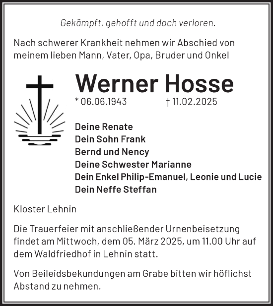 Traueranzeige von Werner Hosse von Märkische Oderzeitung