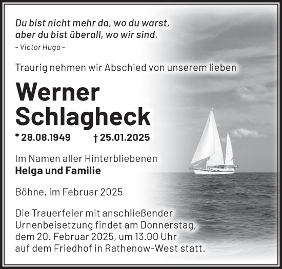 Traueranzeige von Werner Schlagheck von Märkische Oderzeitung
